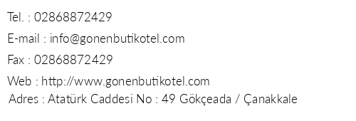 Gnen Butik Otel telefon numaralar, faks, e-mail, posta adresi ve iletiim bilgileri